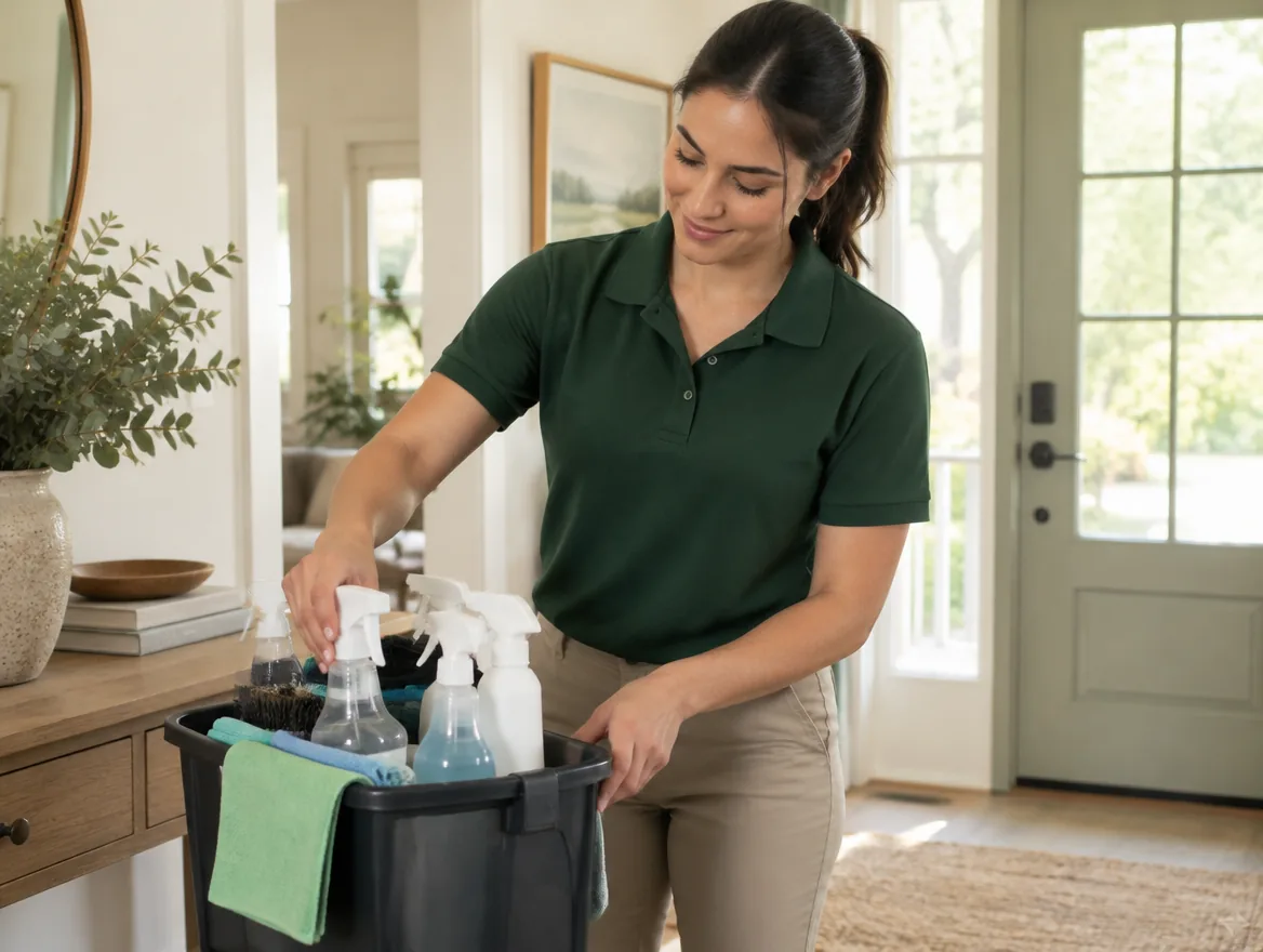 An independent cleaning professional preparing a caddy beside a bright home entryway