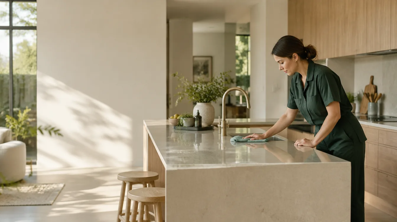 A professional cleaner in forest-green workwear carefully finishing a bright modern kitchen