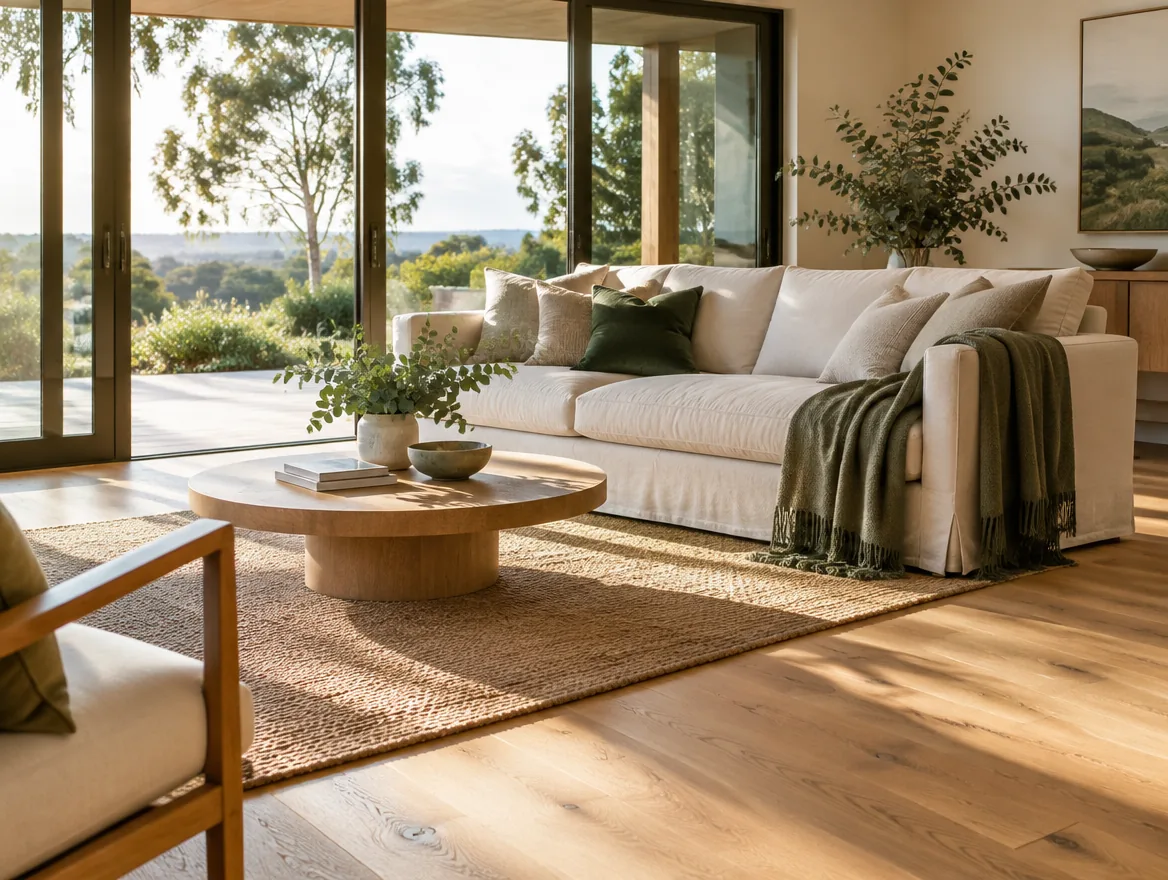 A calm, sunlit living room with a clean oak floor and cream linen sofa