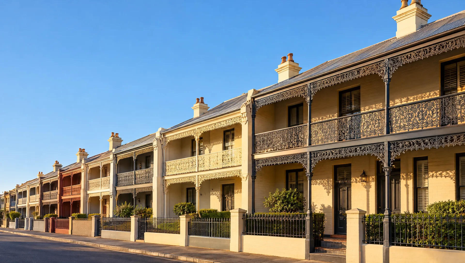 Sunlit terraced houses with deep verandahs and cast-iron lacework under a clear sky