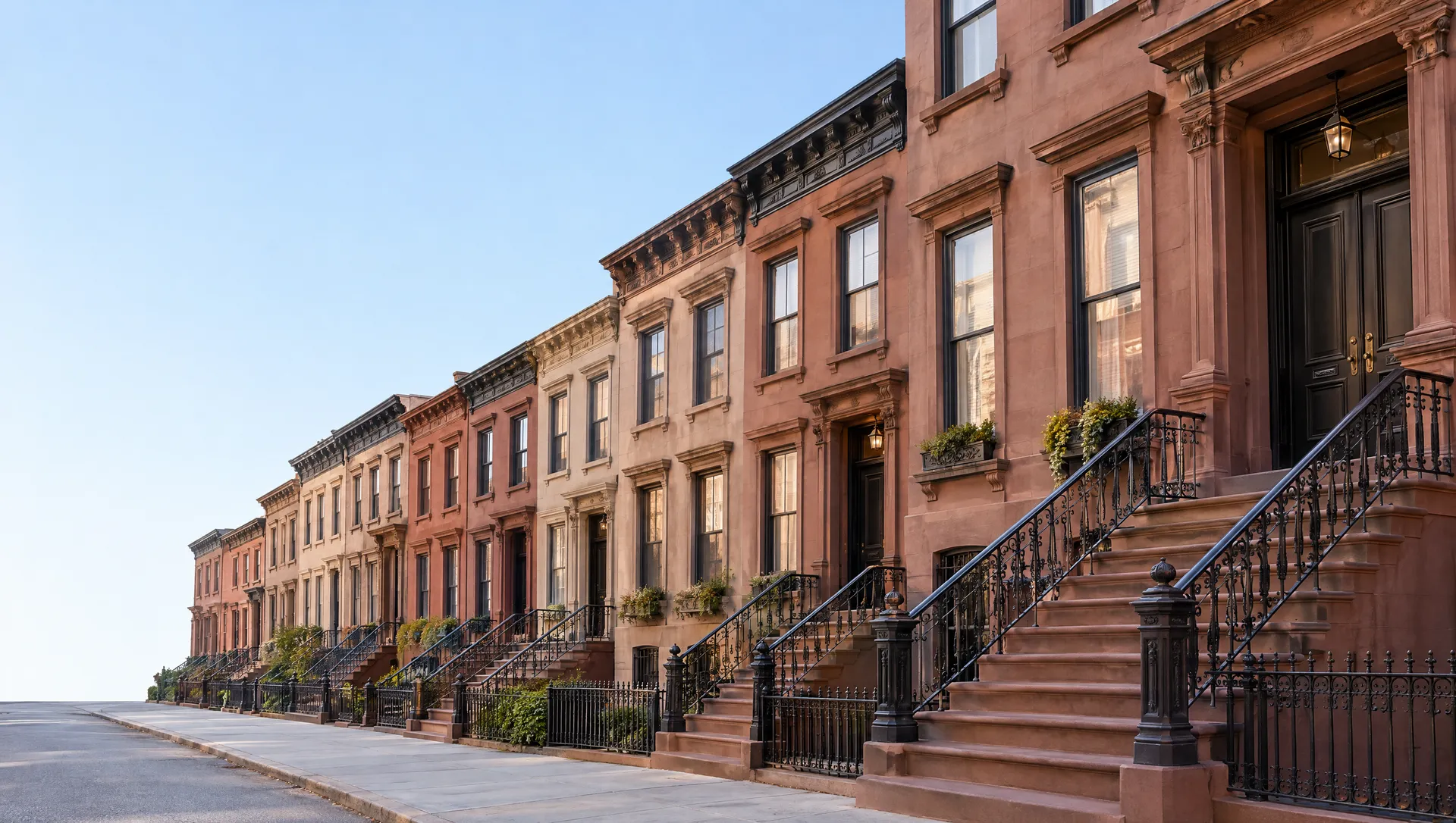 Brownstone walk-ups with stone stoops and iron railings along an empty street