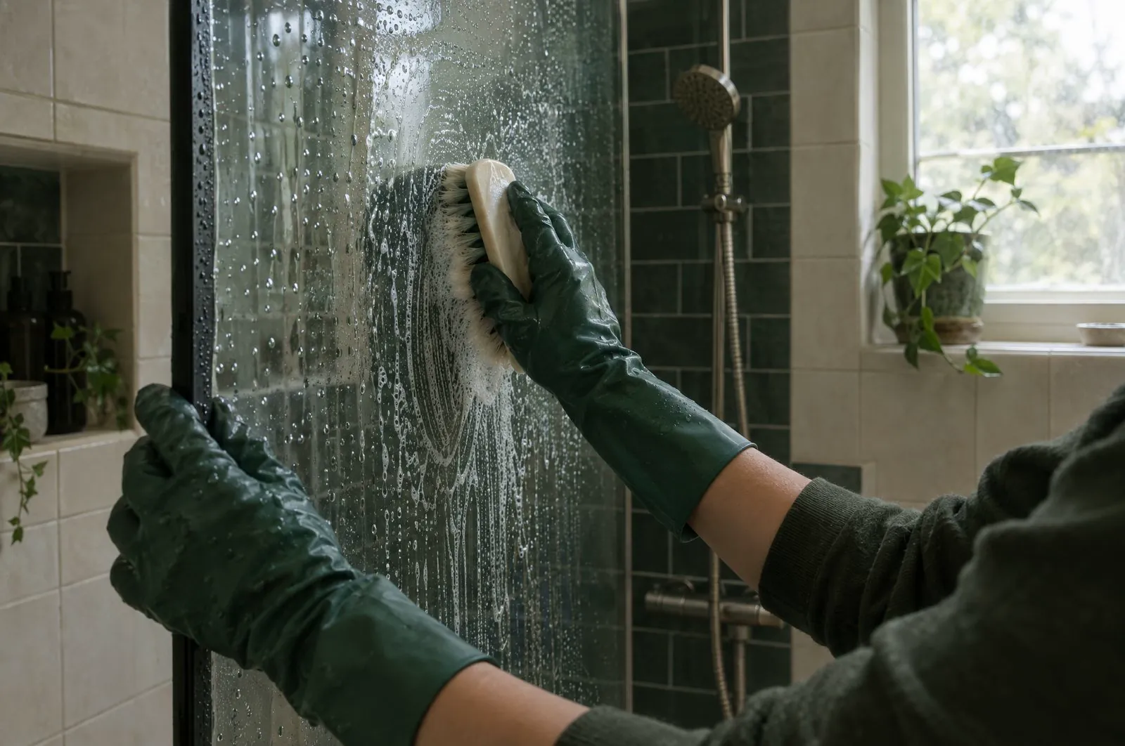 Gloved hands scrubbing a glass shower screen, water running down the glass