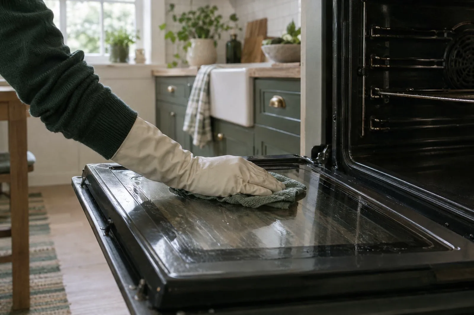 Wiping the inside of an open oven door with a cloth