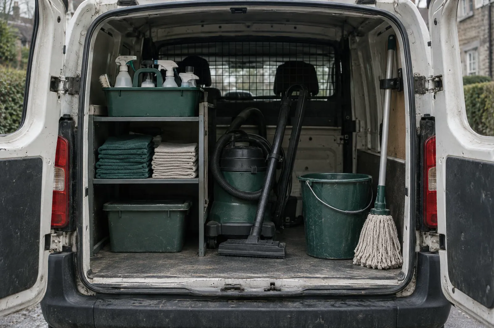 Cleaning equipment organised in the back of a small work van