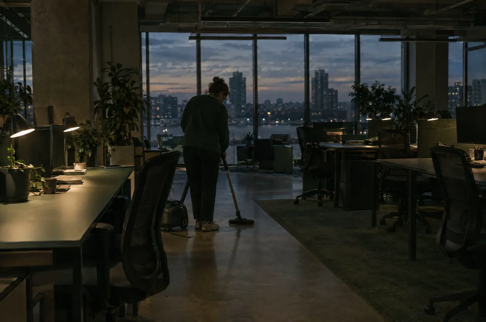 Vacuuming an open plan office after hours with only the desk lamps on