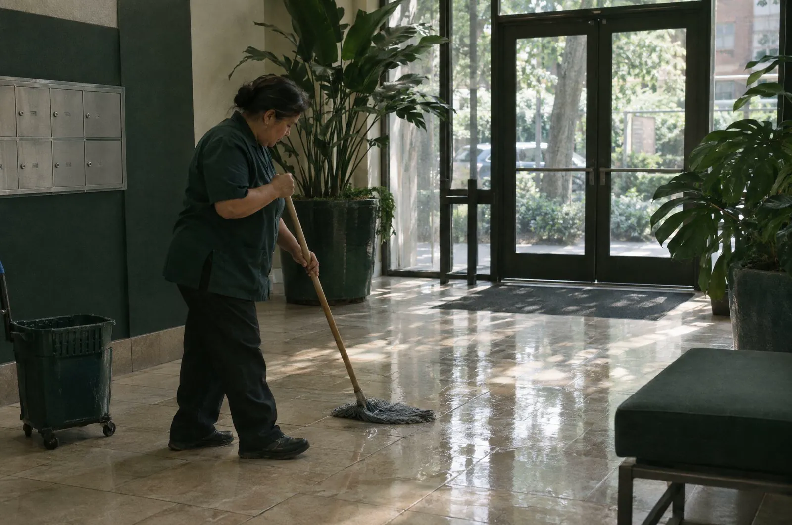 Mopping the tiled floor of an apartment building lobby