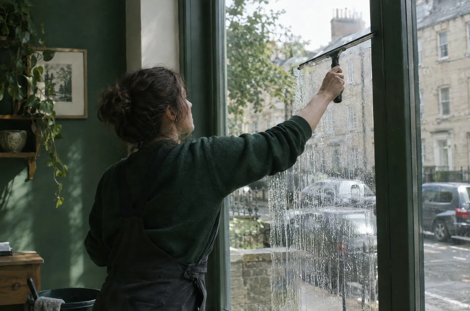Cleaning a large interior window with a squeegee, daylight streaming through