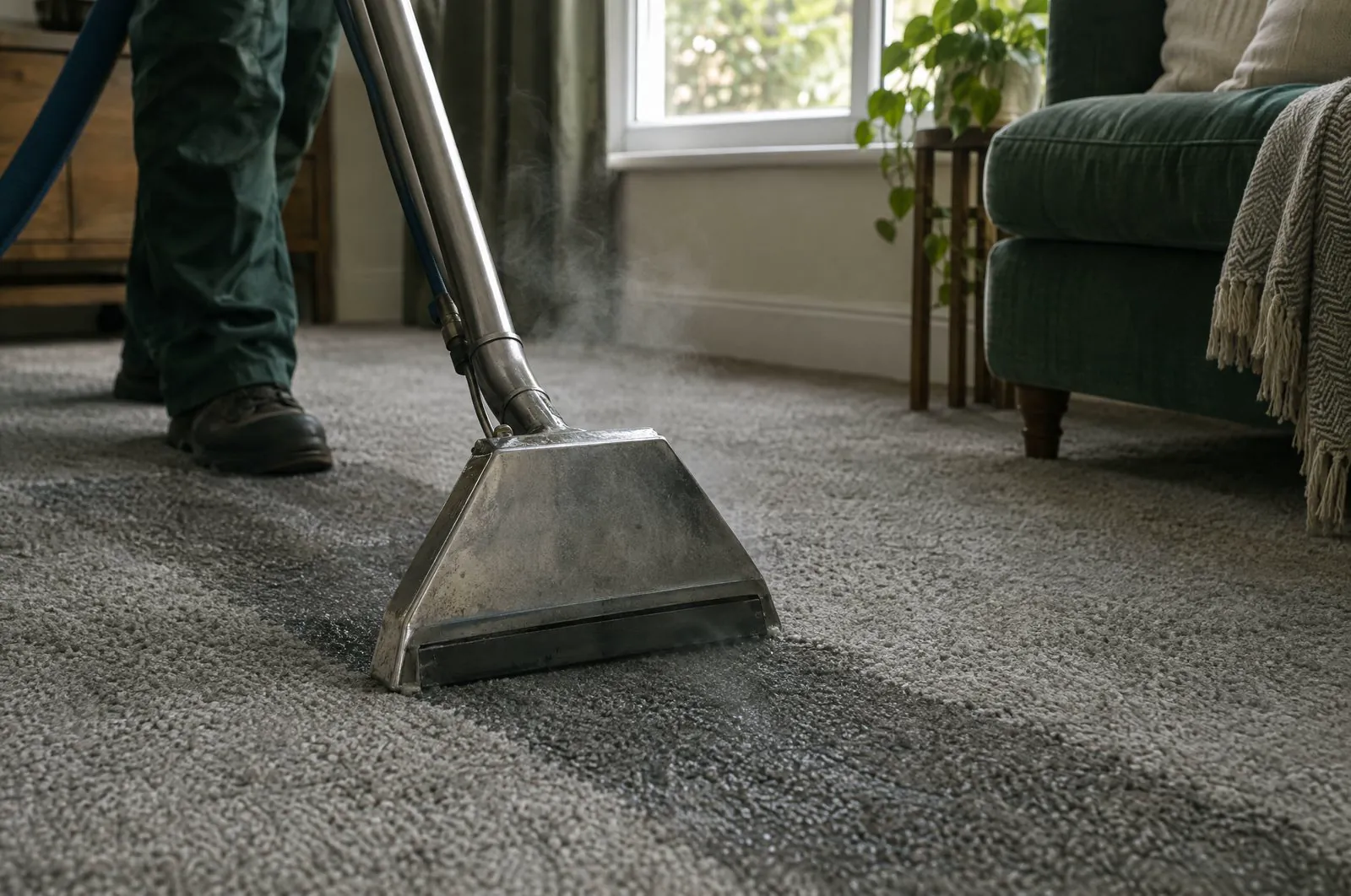 A carpet steam cleaning wand passing over grey carpet