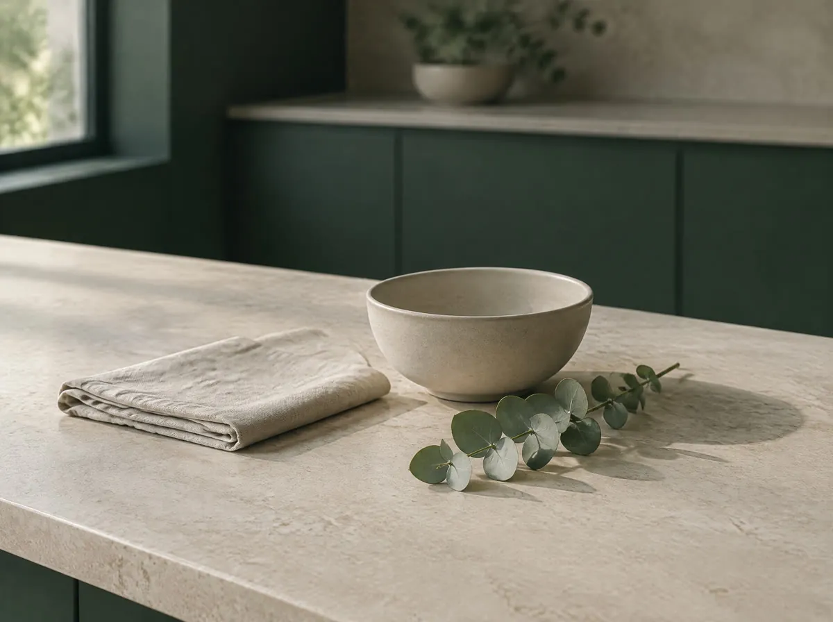 A honed stone kitchen benchtop with a folded linen cloth, a ceramic bowl and a sprig of eucalyptus in soft daylight