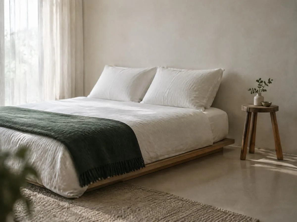 A bed made with crisp white linen and a deep green throw beside a small timber stool in morning light